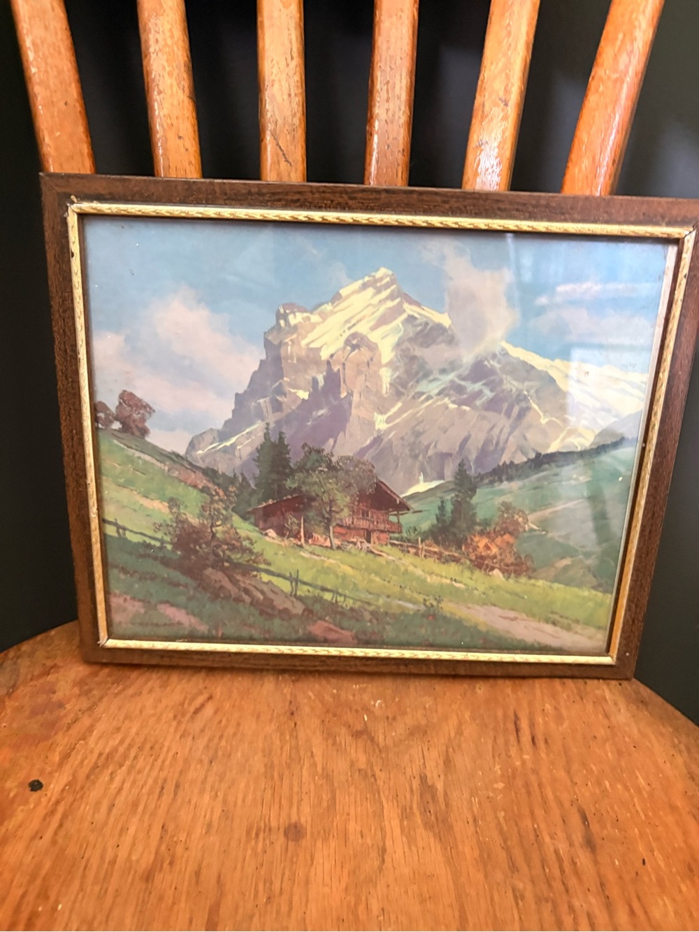 Vintage Framed Mountain Landscape Art Print in Green and Brown